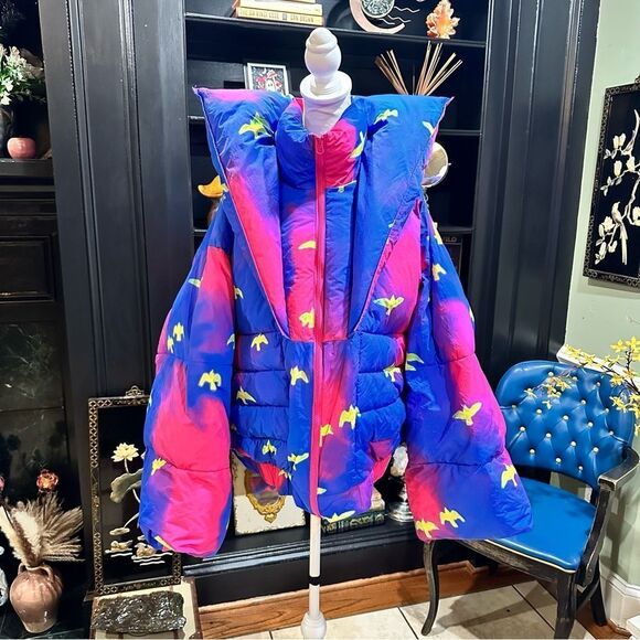 Chaouiche Blue and Pink Bird Design Puffer Jacket - Picture 1 of 13